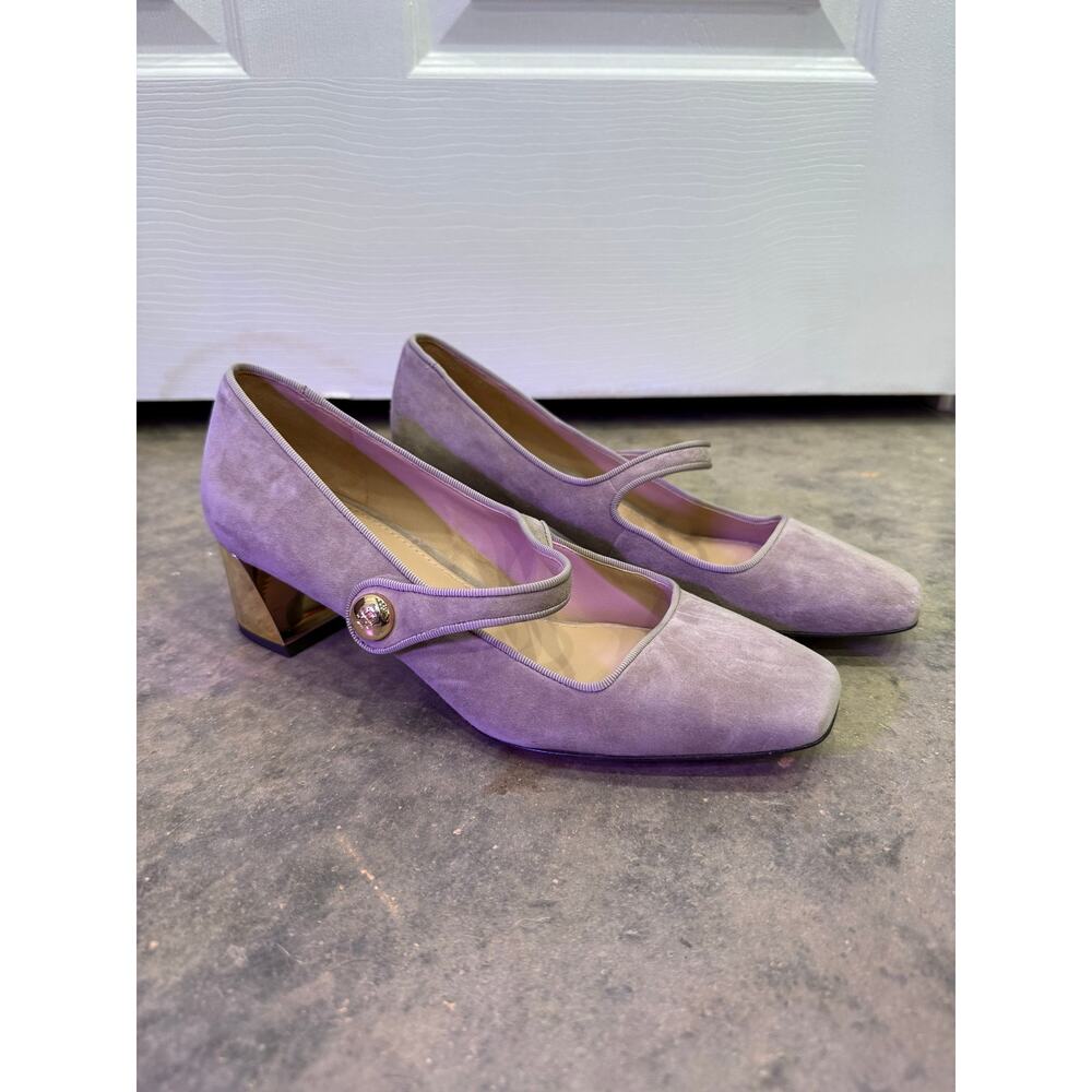 Tory Burch Marisa 40mm Mary Jane Pump Gold Heel Taupe Gray Sz 7 - Picture 2 of 7